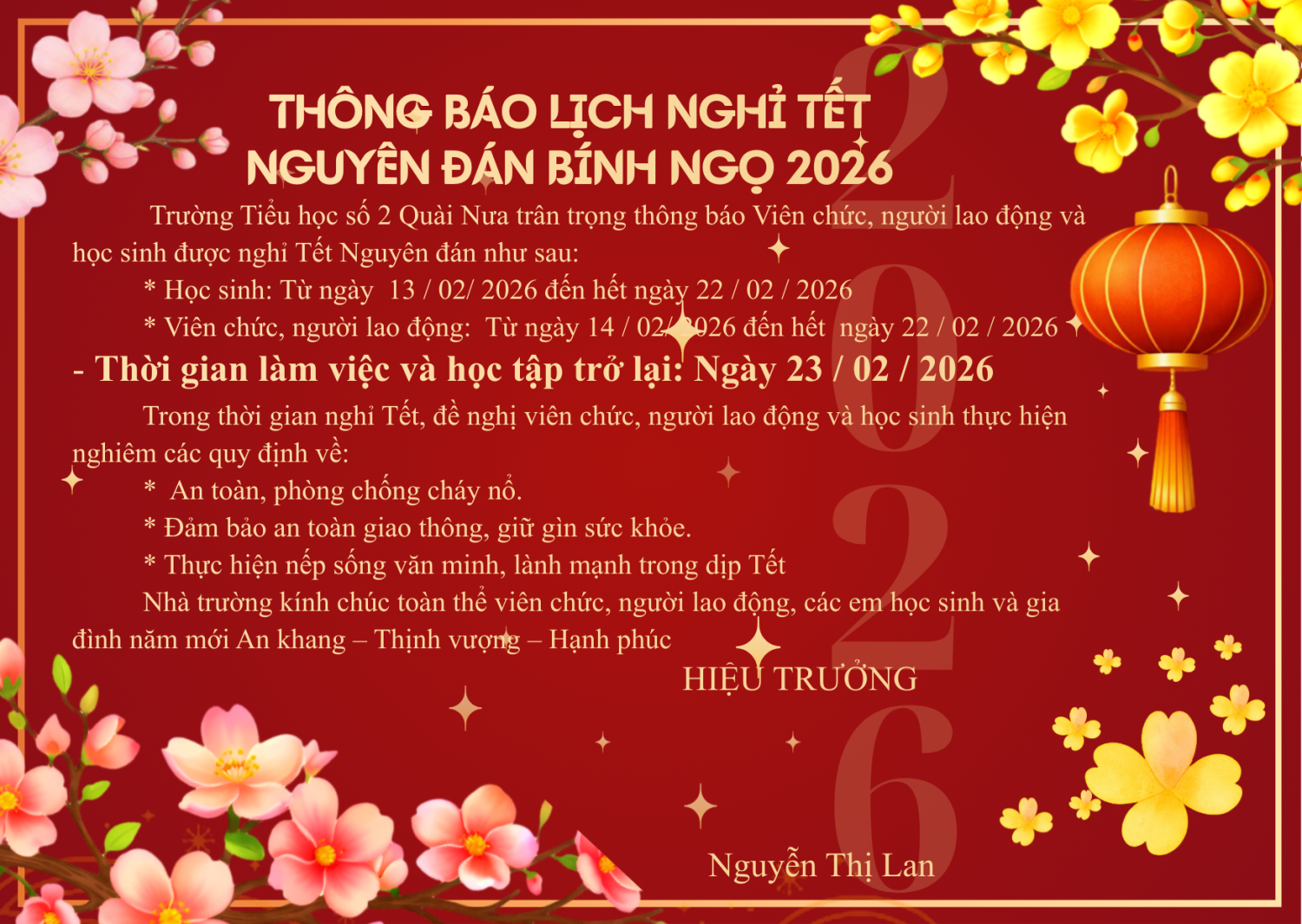 Thông báo lịch nghỉ tết nguyên đán Bính Ngọ năm 2026
